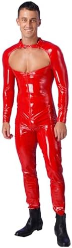 Men's Wet Look PVC Leather Front Zipper Long Sleeves Catsuit Bodysuit Jumpsuit Clubwear