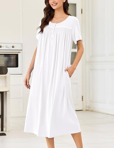 Ekouaer Cotton Nightgowns for Women Long Night Gown Short Sleeve Sleepdress Victorian Sleepwear Nightdress with Pockets