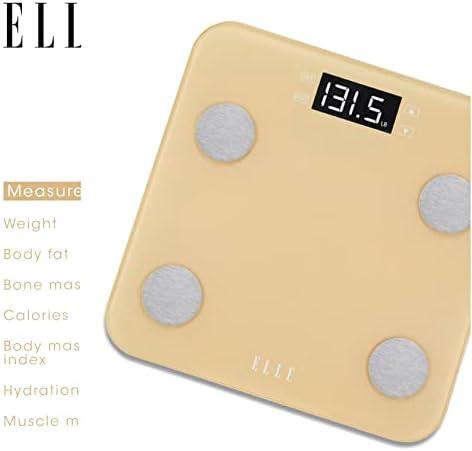 ELLE Digital Body Weight Scale with BMI Analyzer and 7 Fitness Indicators, Gold, LCD Display, 400 lbs Capacity, Tempered Glass Platform