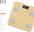 ELLE Digital Body Weight Scale with BMI Analyzer and 7 Fitness Indicators, Gold, LCD Display, 400 lbs Capacity, Tempered Glass Platform