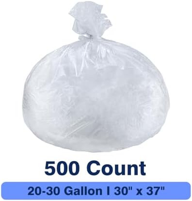 20-30 Gallon Trash Can Liners, 500 Count High Density Garbage Bags, 30'' x 37'', Clear, for Outdoor, Bathroom, Office, Recycling, Janitoria, Commercial and Industrial Use