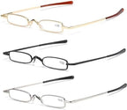 MMOWW Small Reading Glasses Men Women 3 Pairs Slim Pocket Readers with Pen Clip Metal Case Spring Hinge 1.5