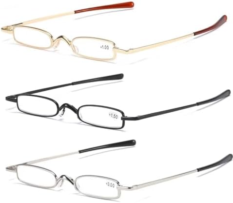 MMOWW Small Reading Glasses Men Women 3 Pairs Slim Pocket Readers with Pen Clip Metal Case Spring Hinge 1.5