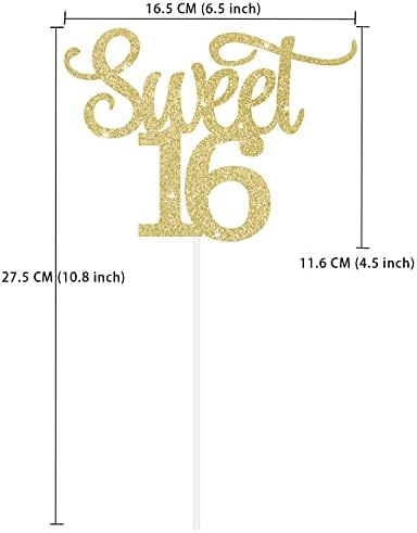 Gexolenu Gold Glitter Sweet 16 Cake Topper, 1 PCS, Anniversary Decoration