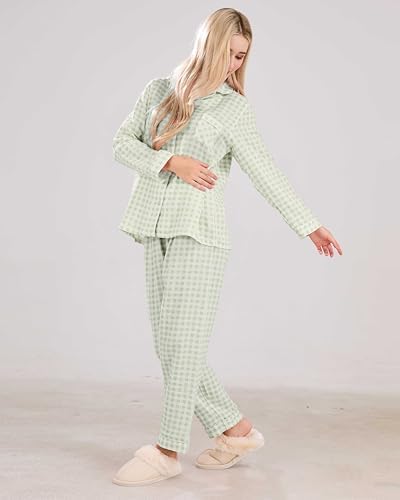 codcm Womens Cotton Pajama Sets Long Sleeve Button Down Shirt and Pants Sleepwear 2 Piece Gingham Pj Set