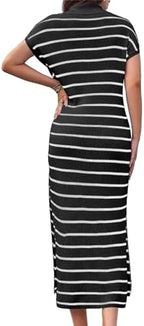 Womens Striped Maxi Dresses Knit Slit V Neck Short Sleeve Long Dress Casual Trendy Slim Fit Sweater Dress