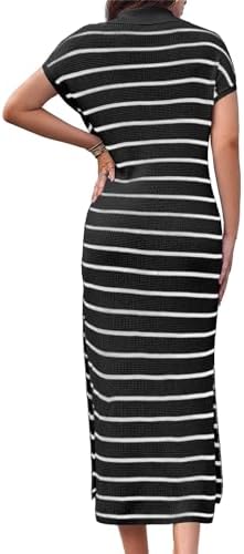 Womens Striped Maxi Dresses Knit Slit V Neck Short Sleeve Long Dress Casual Trendy Slim Fit Sweater Dress