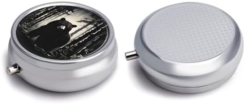Jungle Black Bear Pill Box, Small Pill Organizer with 3 Compartments and Mirror, Fun Round Portable Travel Metal Pill Case for Pocket Or Purse