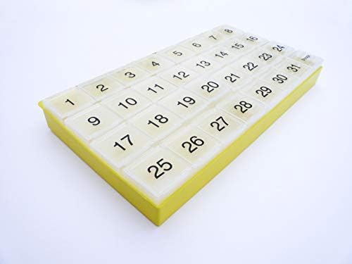 31 compartments, 1 per Day, 4 Week Monthly Pill Organizer by Promed. Includes Tray and 8 Removable compartments. (Yellow)