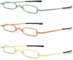 MMOWW Small Reading Glasses Men Women 3 Pairs Slim Pocket Readers with Pen Clip Metal Case Spring Hinge (Yellow+Orange+Green,+2.5)