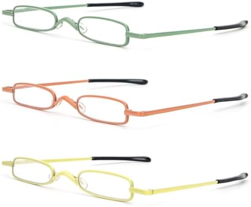 MMOWW Small Reading Glasses Men Women 3 Pairs Slim Pocket Readers with Pen Clip Metal Case Spring Hinge (Yellow+Orange+Green,+2.5)