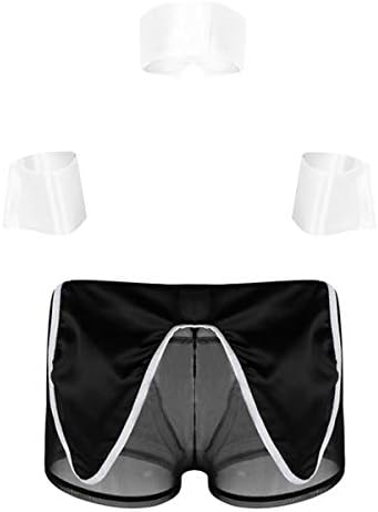 Alvivi Men's 4Pcs Waiter Tuxedo Lingerie Set Bowtie Collar Mesh Boxer Briefs with Cuffs Underwear