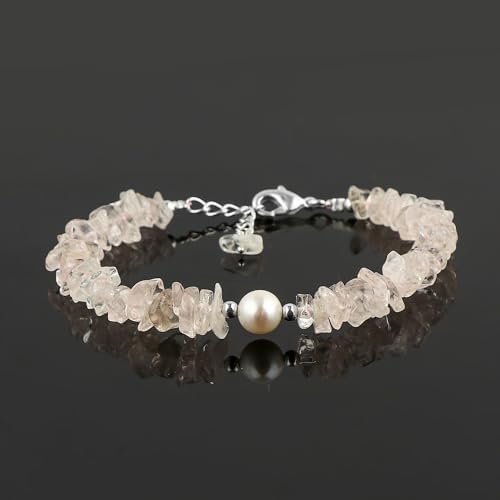 Natural Gemstone Bracelet with Cultured Pearl, Uncut Nuggets Beads, Handmade Women Jewelry, Healing Crystals, Silver Plated Chain, Gift for Her, 8inch