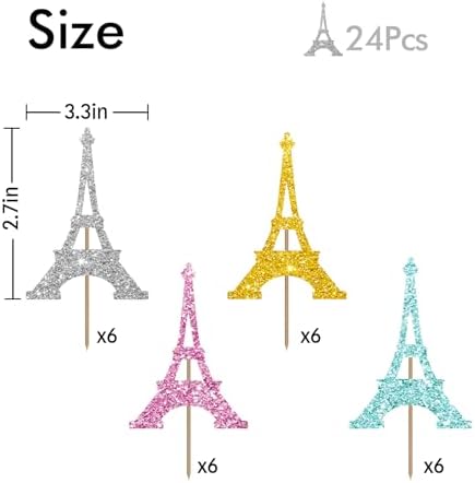 24PCS Eiffel Tower Cupcake Toppers, Wedding Party Decor, Bridal Shower Dessert Cupcake Toppers, Paris Themed Birthday Party Decoration - Pink & Sliver & Blue & Gold Glitter
