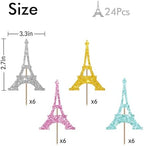 24PCS Eiffel Tower Cupcake Toppers, Wedding Party Decor, Bridal Shower Dessert Cupcake Toppers, Paris Themed Birthday Party Decoration - Pink & Sliver & Blue & Gold Glitter