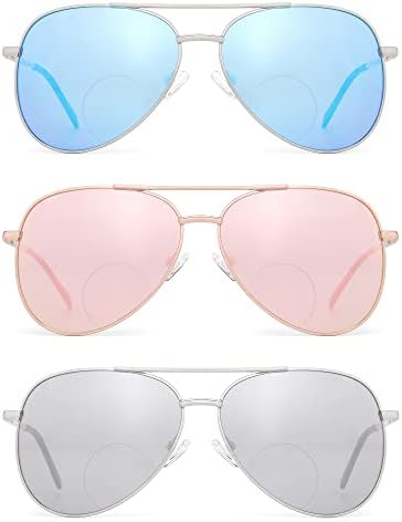 3 Pack Bifocal Reading Sunglasses for Women Men, Aviator Sun Readers Glasses Mirrored Shades UV400 +2.50