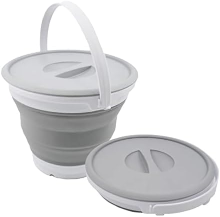 SAMMART 5.5L (1.4 Gallon) Collapsible Plastic Bucket with Lid - Foldable Round Tub with Lid - Portable Fishing Water Pail - Space Saving Outdoor Waterpot. (White/Grey (Set of 2))