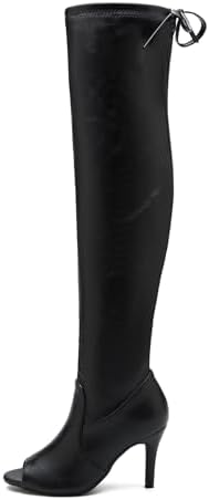 Heiyom Women's Peep Toe Thigh High Boots Over The Knee Boot Sexy Stiletto Heel Lace Up Open Toe Pull on Long Boots