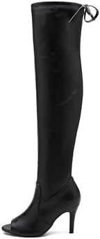 Heiyom Women's Peep Toe Thigh High Boots Over The Knee Boot Sexy Stiletto Heel Lace Up Open Toe Pull on Long Boots