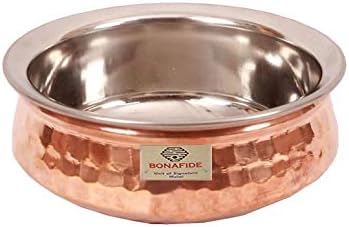 bona fide copper Serving Bowl,Stainless Steel Hammered Karahi and bowl Indian Dishes Serve Ware and tableware(7 inch diameter,(500 ml each) with serving spoon,copper bowl small set only for serving
