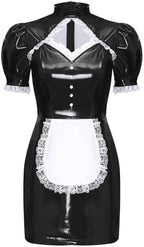 Jugaoge Women's Wet Look PVC Leather Maid Cosplay Costume Hollow Out Lace Trim Apron Fancy Dress