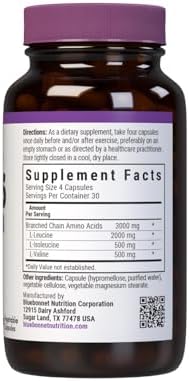 Bluebonnet Nutrition BCAAs 4:1:1 Ratio, Muscle Performance*, Muscle Health*, Muscle Repair*, Non-GMO, Vegan, Kosher Certified, Gluten-Free, Soy-Free, Dairy-Free, 120 Vegetable Capsules, 30 Servings