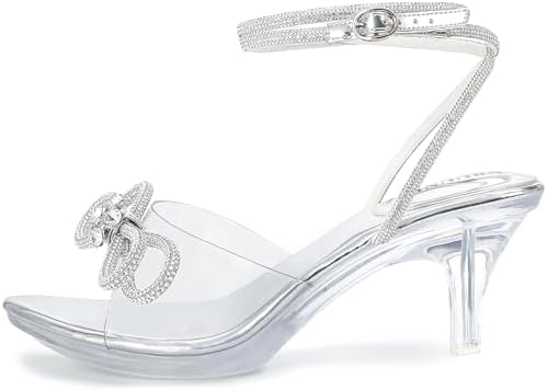 NBUUNBU Rhinestone Bowknot Strappy Clear Heels for Women - Ankle Strap Platform Sandals With Transparent High Heel - Sexy Crystal Slingback Stiletto Open Toe Comfy Party Wedding Shoes Mules Pump
