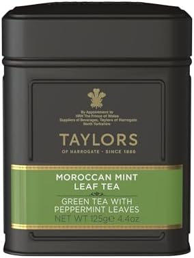 Taylors of Harrogate Moroccan Mint, Green Tea, Loose Leaf, 4.41 Ounce Tin Caddy, Fresh, Light, and Lively, Caffeinated, Premium Whole Leaf Tea