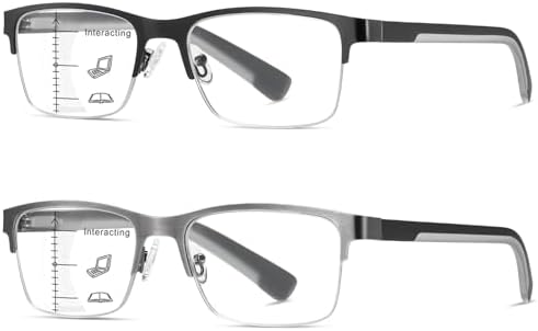 2 PCS Multifocal Progressive Reading Glasses Men, Metal Blue Light Multifocus Readers for Mid & Near Workplace