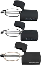 Success Eyewear Reading Glasses 2 Pair Black and Gunmetal Readers Compact Folding Unisex Glasses for Reading Case Included