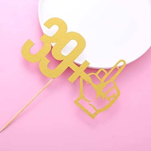 39＋1 Middle Finger Cake Topper - Single-side Gold Glitter 39+1 Birthday Party Decoration Supplies, Gold 40th Birthday/Wedding Anniversary Cake Topper, Happy Forty Birthday