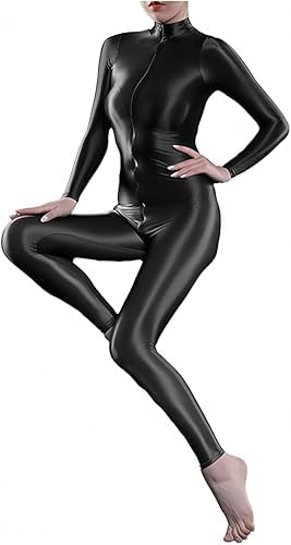 xinxin Woman's Sheer Shiny Elastic Bodystocking Lingerie High Neck Long Sleeve Zipper Crotch Bodysuit Catsuit