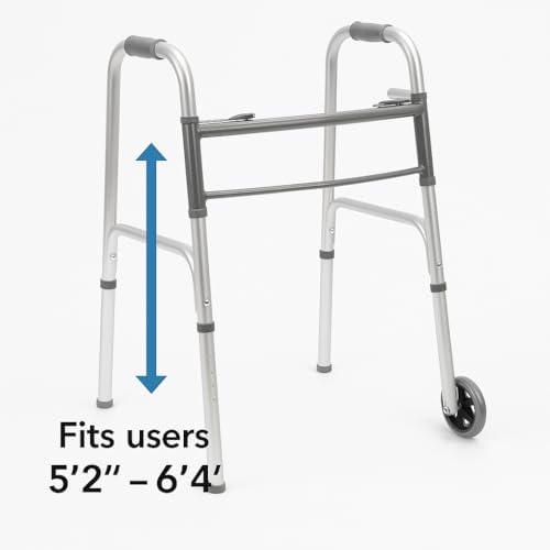 Folding Aluminum Front-Wheeled Rolling Walker Includes Two 5-Inch Wheels, Adjustable Height - Mobility Aid Includes Enhanced Support