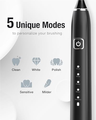 7AM2M Sonic Electric Toothbrush with 6 Brush Heads for Adults&Kids, One Charge for 120 Days, Wireless Fast Charge, 5 Modes, 40000VPM Powered Toothbrush, 2 Minutes Built in Smart Timer (Black)