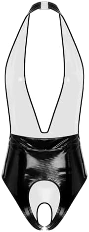 dPois Women's PVC Leather Crotchless Leotard Wetlook Zipper Jumpsuits One Piece Clubwear Party Catsuits