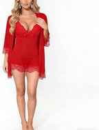 DITSONEO Sexy Lace Lingerie Set 2 Piece for Women Babydoll Chemise Sheer Kimono Robe Straps Sleepwear Mesh Nightgown Pajamas