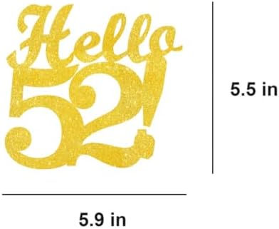 Hello 52 Cake Toppers Gold Glitter, Happy 52nd Birthday Cake Decorations Cheers to 52 Years Party Decor, Fifty-two Year Old Theme Birthday Anniversary Party Supplies
