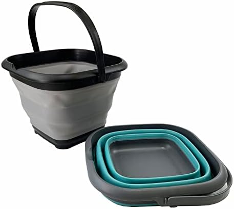 SAMMART 8.5L (2.2 Gallon) Collapsible Square Handy Bucket/Foldable SquareWater Pail/Portable Tub with Handle. Size 31cm (Square) (Alloy Grey + Crystal Blue (Set of 2))