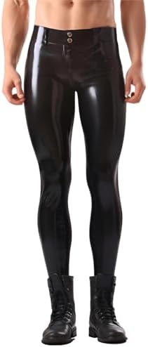 IOKUKI Latex Rubber Leggings with Zipper for Men,Handmade Low Waist Latex Pants with Waistband Hole