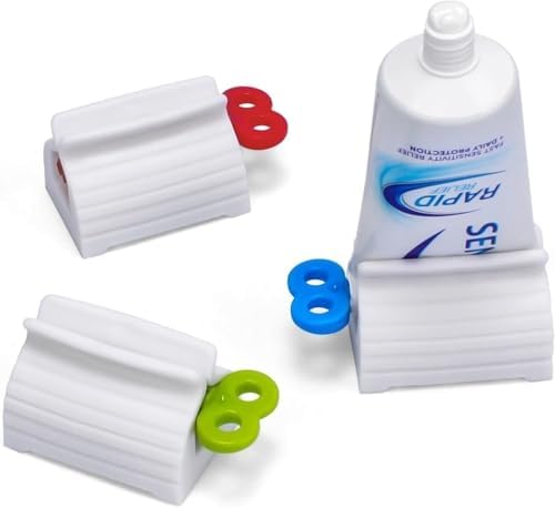 3pcs Rolling Tube Toothpaste Squeezer Reusable Rolling Holder Squeezer for Bathroom Home Saving Toothpaste Facial Cleanser Creams Toothpaste Seat Holder Stand for Bathroom Accessories-Green/Blue/Red
