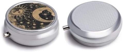 Pill Box-3 Compartment Small Pill Case, Portable Round Pill Box for Pocket or Purse, Decorative Metal Medicine Vitamin Organizer. (The Sun and the Moon)