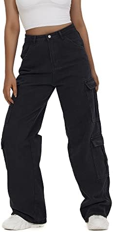 Women's High Waist Baggy Cargo Jeans Flap Pocket Y2K Streetwear Wide Leg Denim Pants