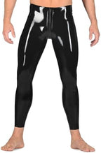 Men Black Latex Pants Crotch 2-Way Zipper with Red Strips Tight Mid Waist Rubber Trousers Leggings