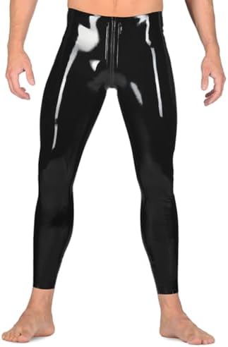 Men Black Latex Pants Crotch 2-Way Zipper with Red Strips Tight Mid Waist Rubber Trousers Leggings