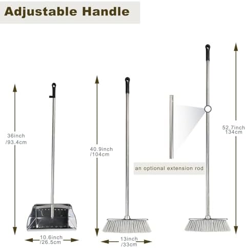Metal Dustpan with Broom Set, Long Handle Stainless Steel Dustpan,Heavy Duty Standing Dust Pan with Teeth, Indoor Outdoor Up for Home Kitchen Lobby Room Office