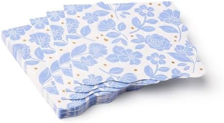 Bonjour Fête Light Blue Floral Large Paper Napkins | 3-Ply Luncheon Size with Gold Foil Accents | Elegant Tableware for Baby Showers, Spring Celebrations, Birthdays | Pack of 20, 6.5” Folded