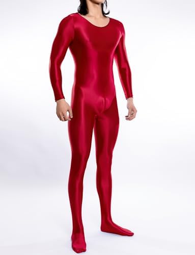 FEOYA Men Shiny Full Bodysuit Metallic Glossy Jumpsuit Sheer Silky Romper for Club Party Workout Cosplay