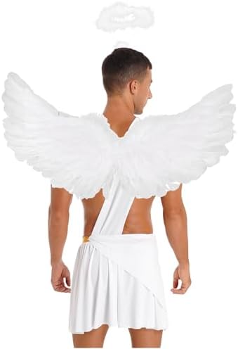 Jugaoge Men's Sexy Angel Costume Ruffle Skirt with Angel Wings and Hairband Adult Archangel Costume