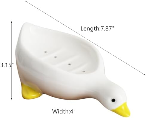 Cute Duck Ceramic Soap Dish with Drainage, Self-Draining, Non-Slip & Easy - Clean, Ceramic Soap Holder for Bathroom Kitchen, Ideal for Soap Sponge, Trinkets, Bathroom Decor Gift