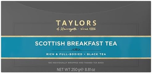 Taylors of Harrogate Scottish Breakfast Black Tea Individually Wrapped Bags, 100 Count (Pack of 1), Strong, malty and full, Caffeinated, Enjoy Hot or Iced, 100 Teabags